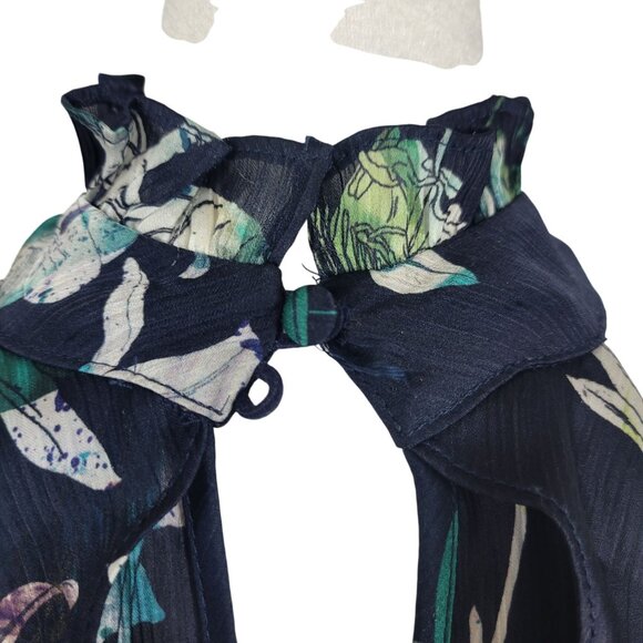 Modern Chic Floral Cheer Navy Blue Ruffled Business Casual Blouse Halter Top XS - Picture 13 of 16